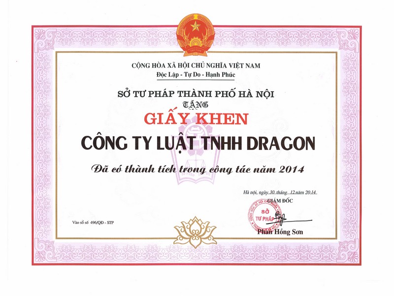 Sở tư pháp thành phố Hà Nội tặng giấy khen cho Công ty luật Dragon có có thành tích trong công tác năm 2014